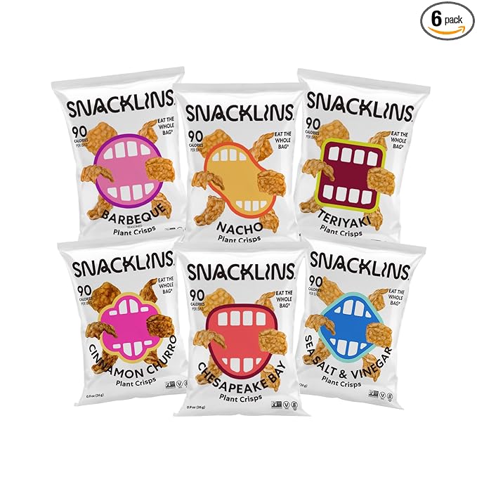 Snacklins 6-Flavor Pack, Barbeque, Nacho, Teriyaki, Chesapeake Bay, Sea Salt & Vinegar, Cinnamon Churro .9oz, 1-each