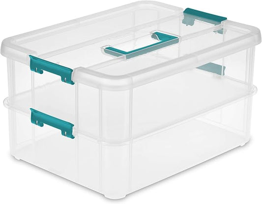 Sterilite 1427CLR Stack & Carry - 2 Layer Box, Clear Lid & Blue Handle, See-through layers